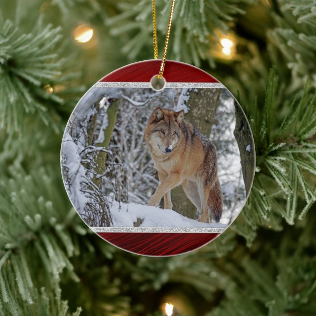 Wildlife Wolf Snow Photo Ceramic Ornament (Tree)