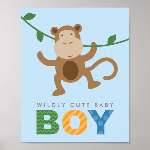 Wildly Cute Blue Monkey Baby Boy Nursery Poster