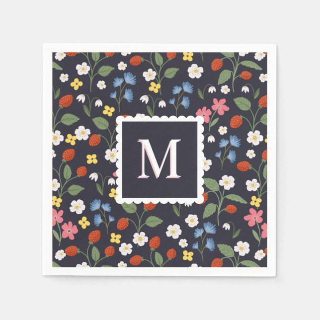 wildstrawberry patterned monogrammed  navy napkins (Front)