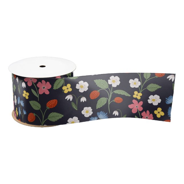 wildstrawberry patterned navy satin ribbon (Spool)