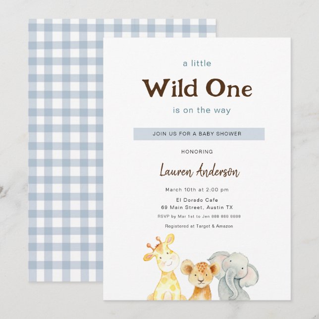 Wile One Baby Animals Boy Baby Shower Invitation (Front/Back)