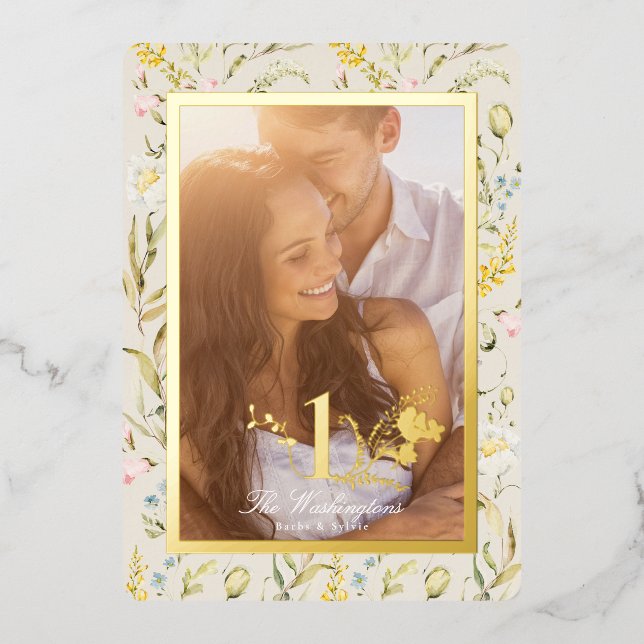 Wilflower Editable 1st Anniversary Sage and Gold Foil Invitation (Front)