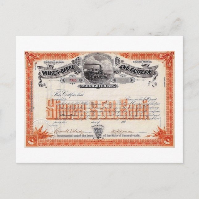 Wilkes Barre & Eastern Railroad Stock Vintage Postcard (Front)