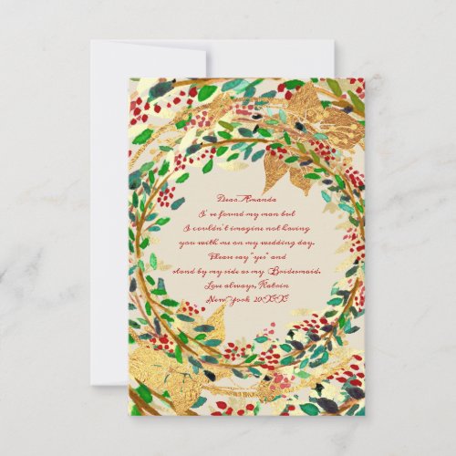 Will Be Bridesmaid Gold Floral Woodland Red Green Invitation