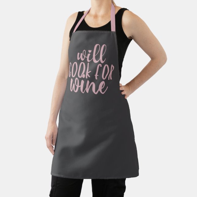 Will Cook For Wine | Gray and Pink Drinking Quote Apron (Insitu)