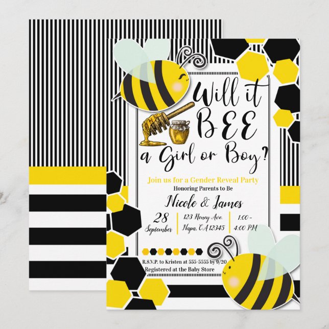 Will it BEE Baby Shower Gender Reveal White Invitation (Front/Back)