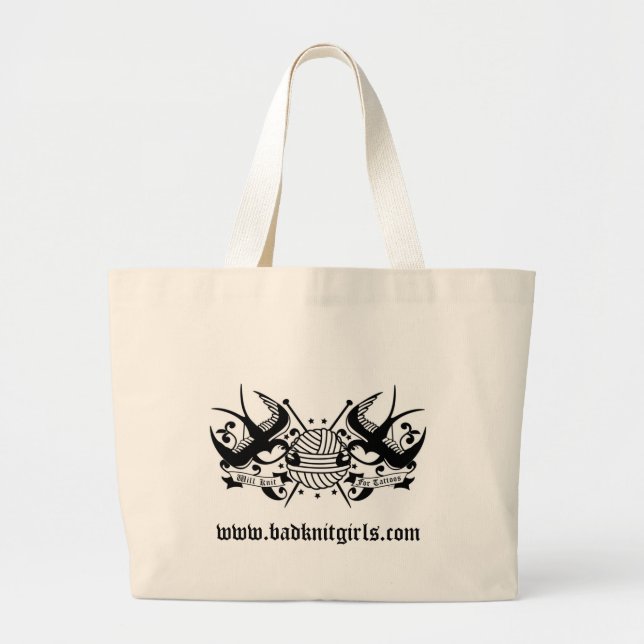 Will Knit for Tattoos Large Tote Bag (Front)