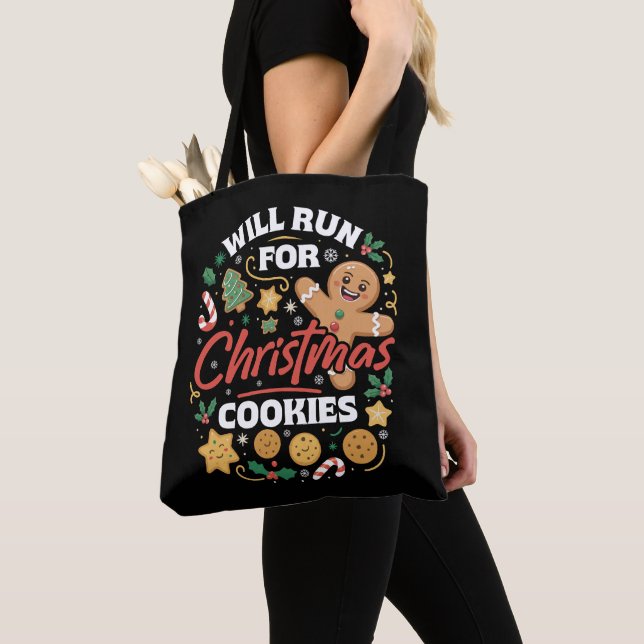Will Run For Christmas Cookies Funny Running Xmas Tote Bag (Close Up)