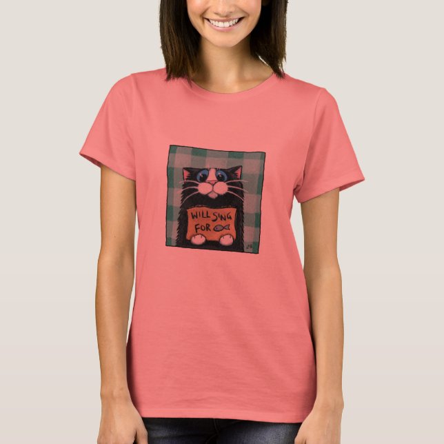 Will Sing for Fish - Cute Cat T-Shirt (Front)