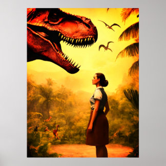 Will the T-Rex Get the Girl in the Forest on Wall Poster