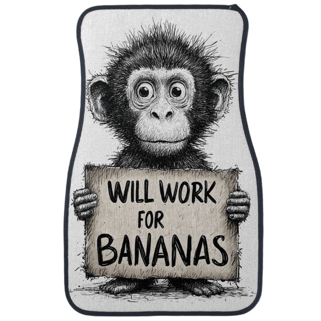 Will Work for Bananas - Humorous Monkey Sketch Car Floor Mat (Front)