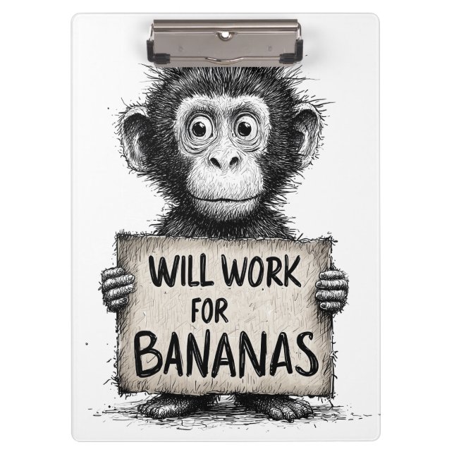 Will Work for Bananas - Humorous Monkey Sketch Clipboard (Front)
