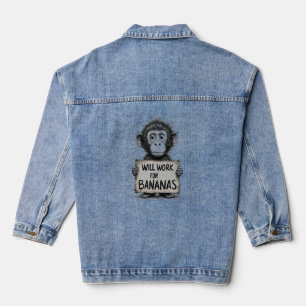 Will Work for Bananas - Humorous Monkey Sketch Denim Jacket