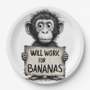 Will Work for Bananas - Humorous Monkey Sketch Paper Plates