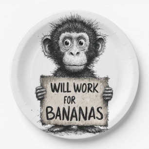Will Work for Bananas - Humorous Monkey Sketch Paper Plates