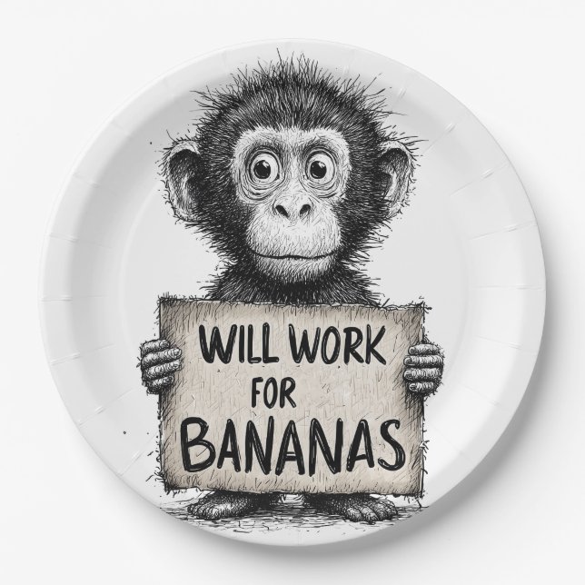 Will Work for Bananas - Humorous Monkey Sketch Paper Plates (Front)