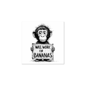 Will Work for Bananas - Humorous Monkey Sketch Rubber Stamp