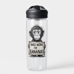 Will Work for Bananas - Humorous Monkey Sketch Water Bottle