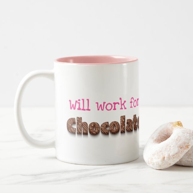 Will work for chocolate funny humor Two-Tone coffee mug (With Donut)