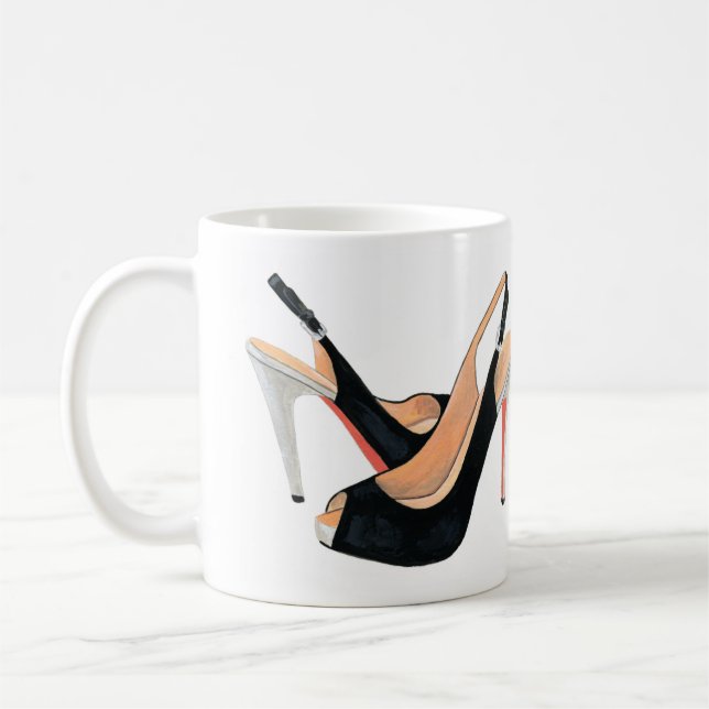 "Will work for shoes" black heels coffee mug (Left)