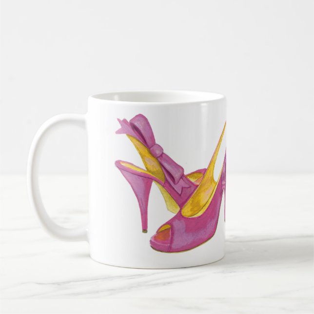 "Will work for shoes" pink heels coffee mug (Left)