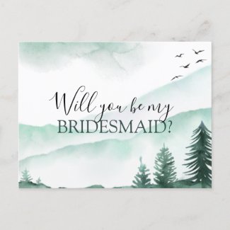 Will You Be Bridesmaid Rustic Mountains Watercolor Announcement Postcard