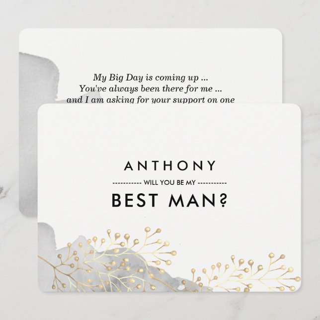 Will you be my Best Man? Grey Watercolor Invitation (Front/Back)