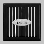 Will You Be My Best Man Jewelry Box Stripes<br><div class="desc">This best man jewelry box is very classic looking. The design features a black backdrop for white stripes. In the center is an oval (which appears raised but is flat) where the words, "Will you be my best man?" appear along with a custom name. This box will be a keepsake...</div>