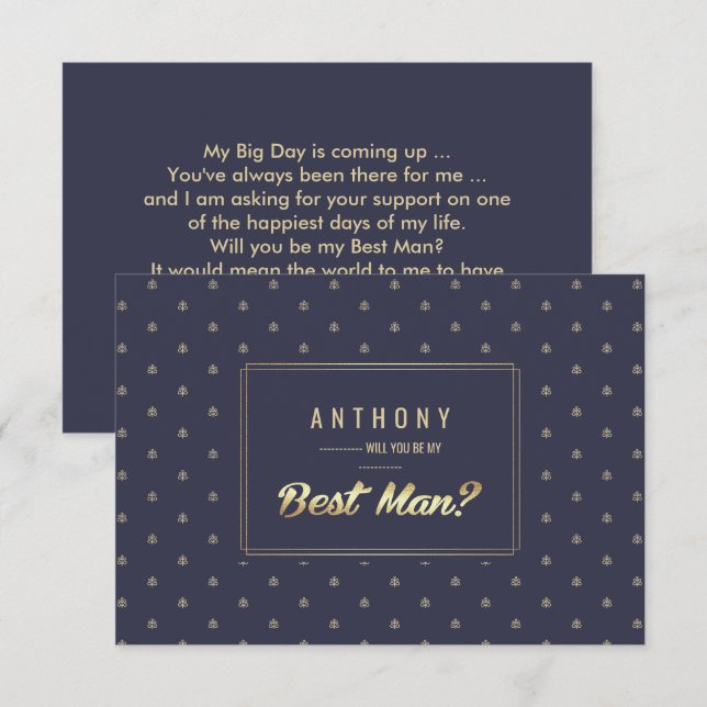 Will you be my Best Man? Navy Blue Gold Invitation (Front/Back)