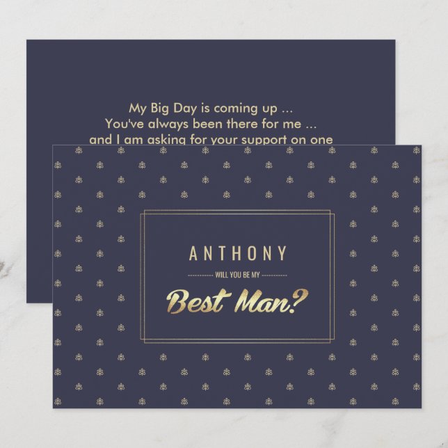 Will you be my Best Man? Navy Blue Gold Wedding Invitation (Front/Back)