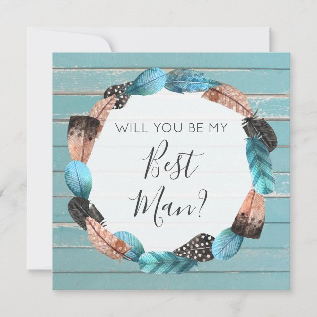 Will You Be My Best Man Rustic Boho Feathers Invitation (Front)
