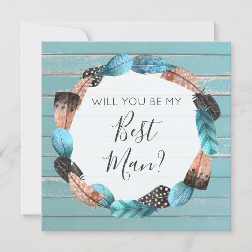 Will You Be My Best Man Rustic Boho Feathers Invitation