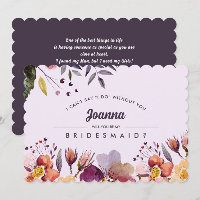 Will you be my Bridesmaid? Autumn Flowers Plum Invitation (Front/Back)