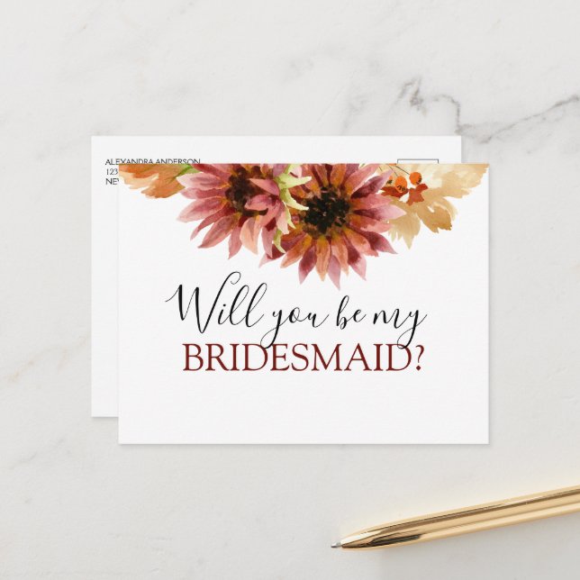 Will You be My Bridesmaid Autumn Sunflower Announcement Postcard (Front/Back In Situ)