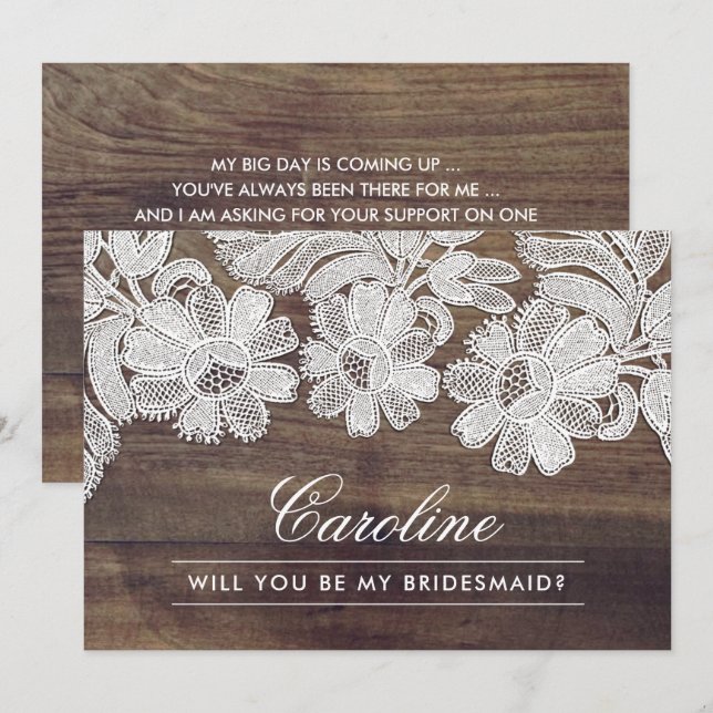 Will you be my Bridesmaid? Barn Wood White Lace Invitation (Front/Back)