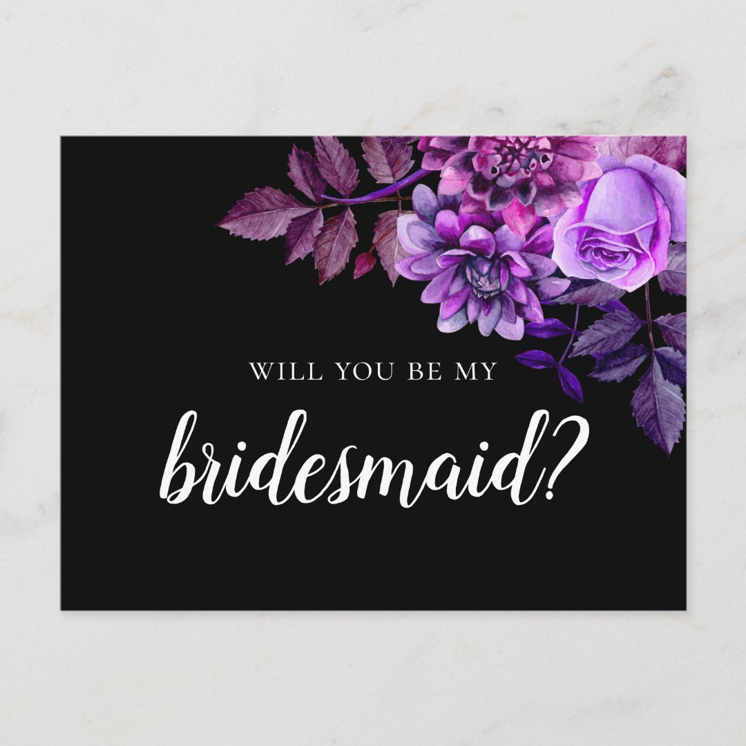 Will you be my bridesmaid Black and purple wedding Postcard | Zazzle