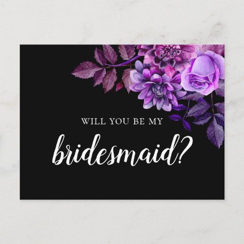 Will you be my bridesmaid Black and purple wedding Postcard
