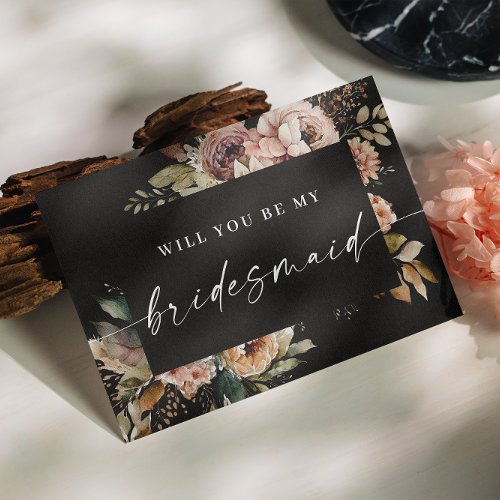 Will you be my bridesmaid Black fall boho floral Postcard