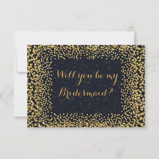 Will You Be My Bridesmaid Black Gold Confetti Invitation (Front)