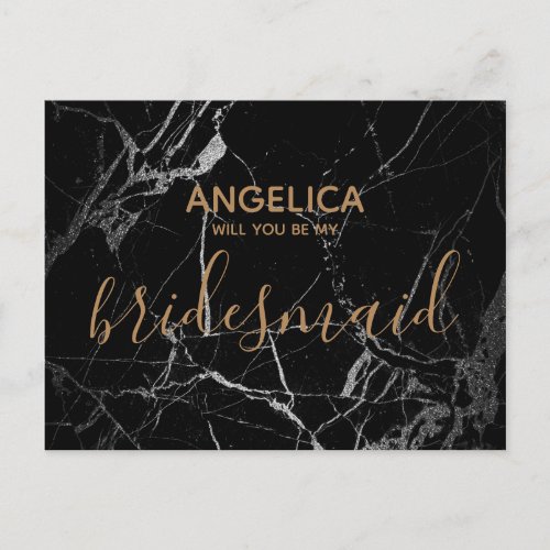 Will you be my bridesmaid black marble gold invitation postcard