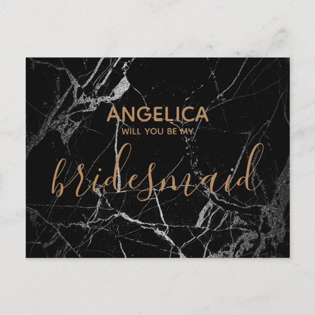 Will you be my bridesmaid black marble gold invitation postcard (Front)