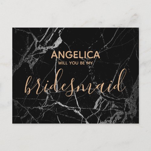 Will you be my bridesmaid black marble gold invitation postcard