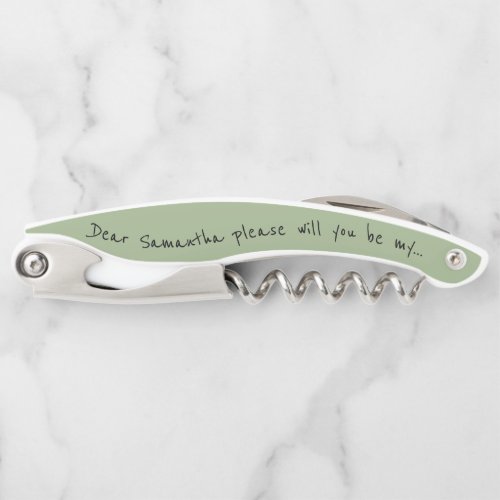 Will You Be My Bridesmaid Black Script Sage Green Waiters Corkscrew