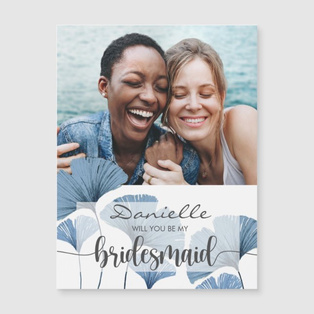 Will You Be My Bridesmaid Blue and White Photo  Magnetic Invitation (Front)