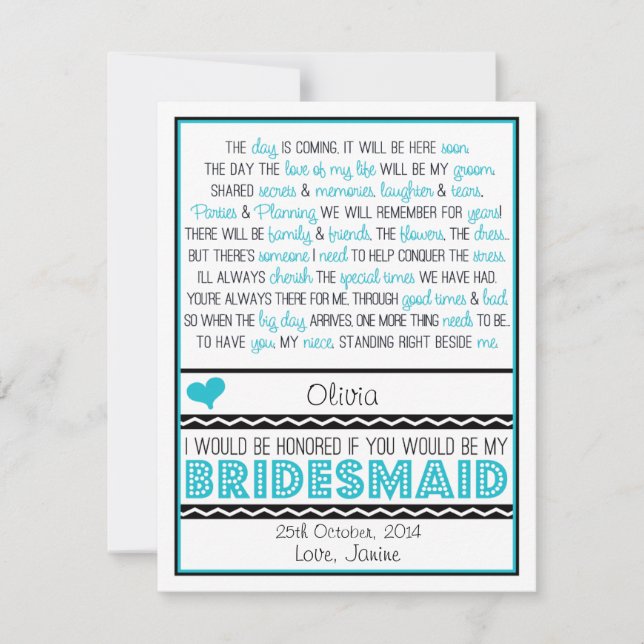 Will you be my Bridesmaid? Blue/Black Poem NIECE Invitation (Front)