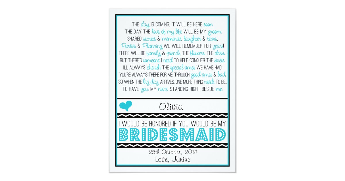 Will You Be My Bridesmaid Blue Black Poem Niece Invitation Zazzle Com