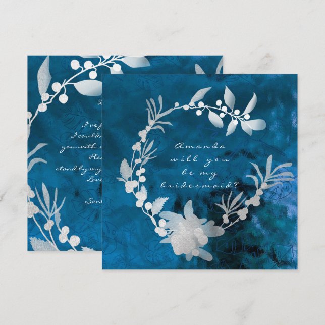 Will You Be My Bridesmaid Blue Glass Gray Wreath Invitation (Front/Back)