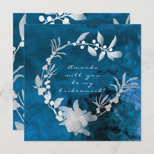 Will You Be My Bridesmaid Blue Glass Gray Wreath Invitation