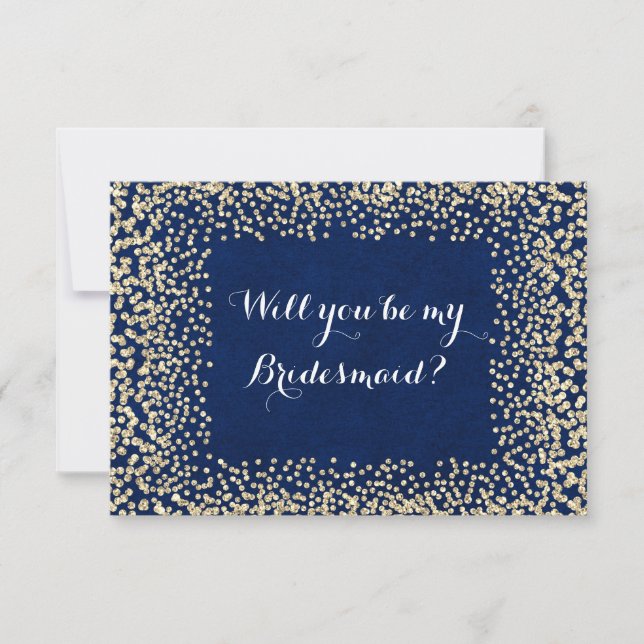 Will You Be My Bridesmaid Blue Gold Navy Faux Invitation (Front)