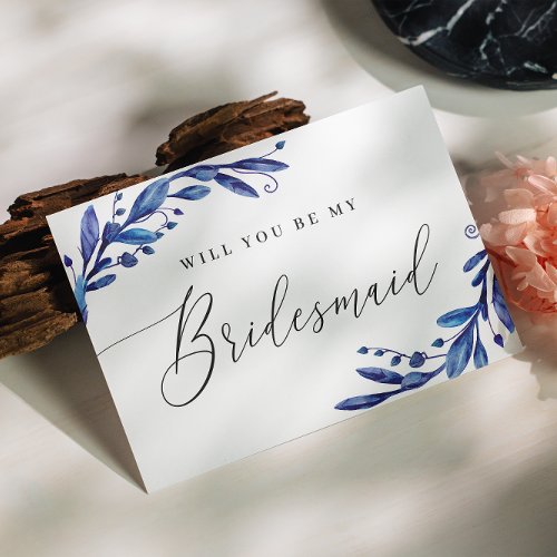 Will you be my bridesmaid Blue navy floral script Invitation Postcard